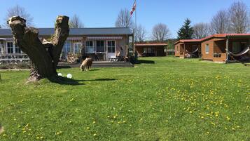 A grassy area with a tree, a building with a red roof, and a flag.