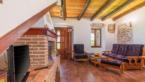 Ein gemütliches Wohnzimmer mit Kamin aus Backstein, Holzmöbeln und Steinwänden.