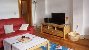 A living room with a red sofa, a television on a wooden stand, a floor lamp, and a patterned rug.
