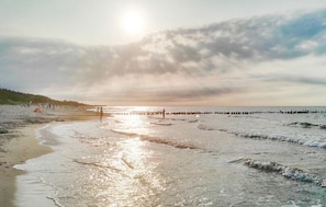 En strand med en träbrygga som sträcker sig ut i vattnet, en klar himmel och en sol som går upp eller ner.