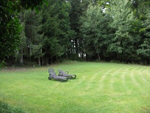 Un espace herbeux avec deux chaises de jardin et une table.
