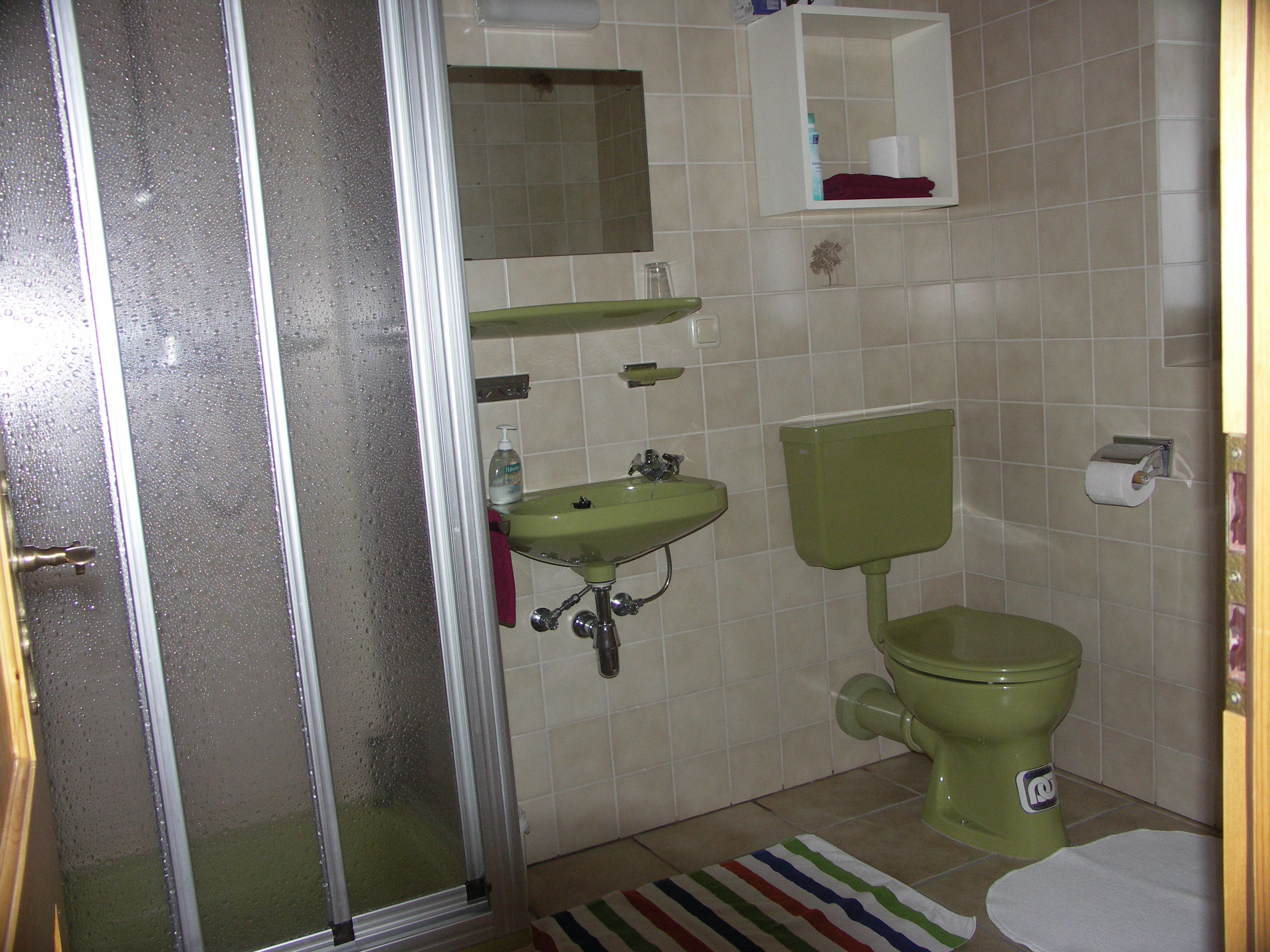 A bathroom with a shower, sink, toilet, and a mirror.