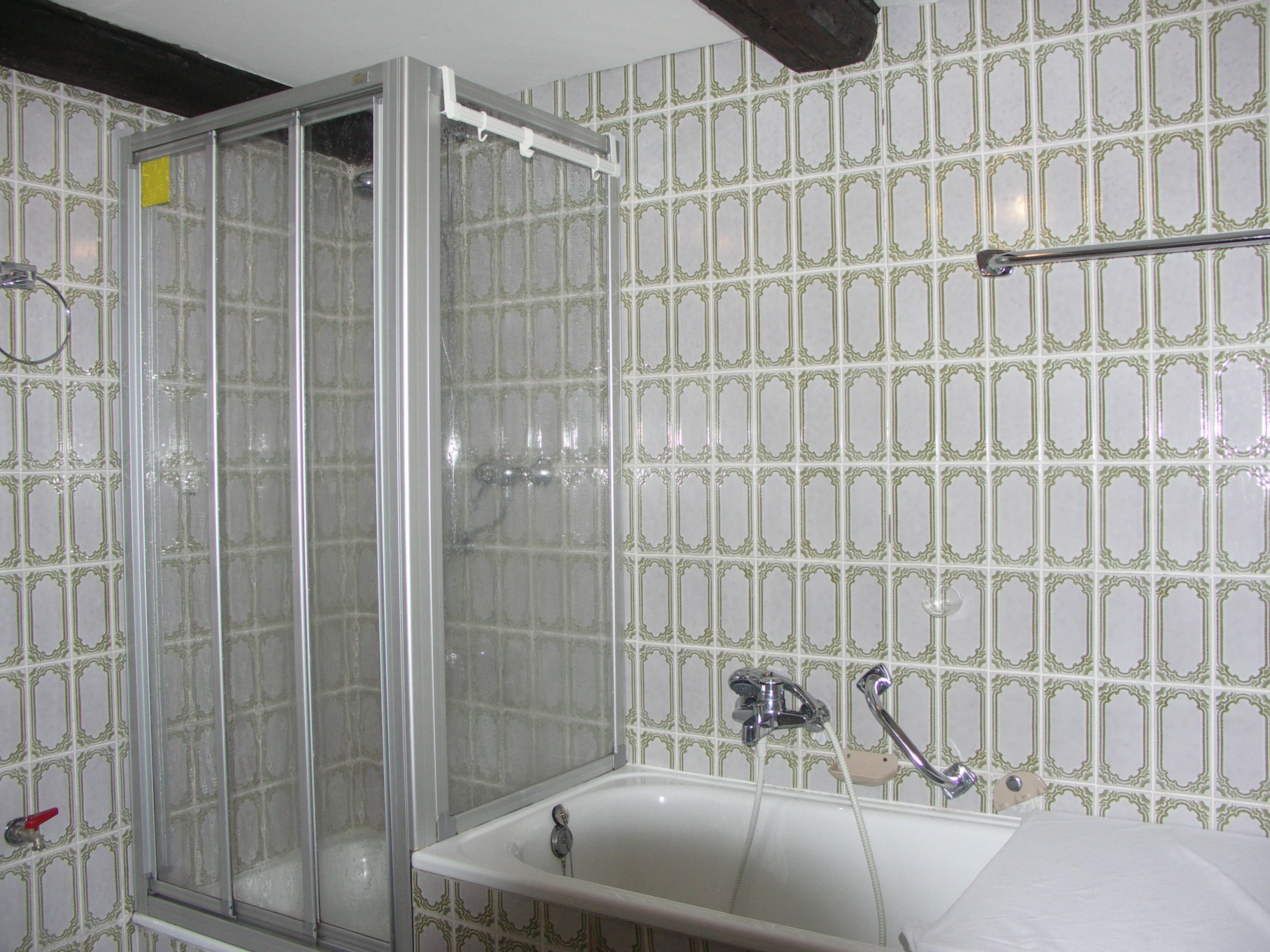 A bathroom with a glass-enclosed shower, a bathtub, and a sink.