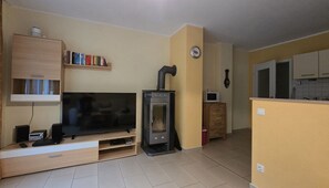 A compact living space with a television, a built-in fireplace, a bookshelf, and a kitchen area.