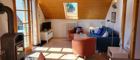 Een televisie en een open haard