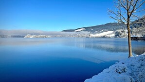 Un lago tranquilo con árboles nevados y montañas al fondo.