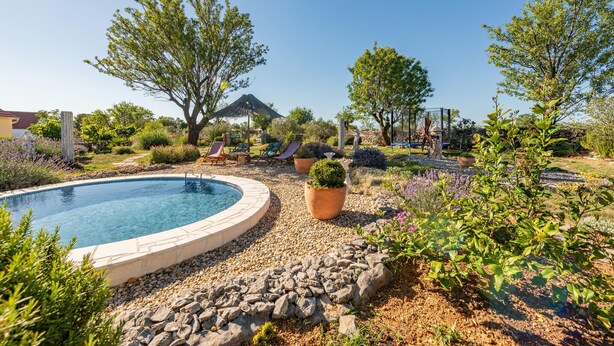 Una piscina rodeada de piedras, con tumbonas y plantas en macetas.