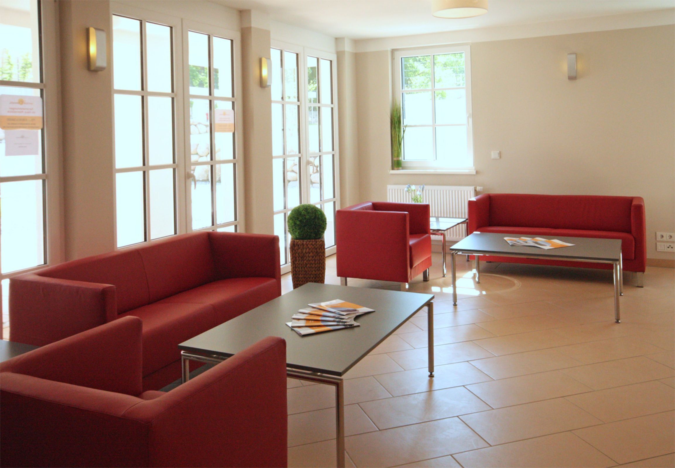 A modern living room with a red sofa, a red armchair, a coffee table, and a small side table with a plant.