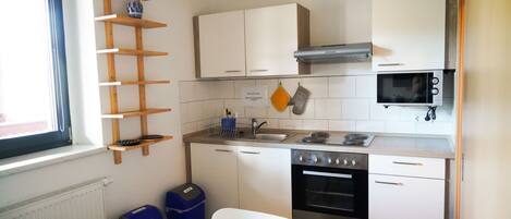 Fridge, microwave, oven, coffee/tea maker