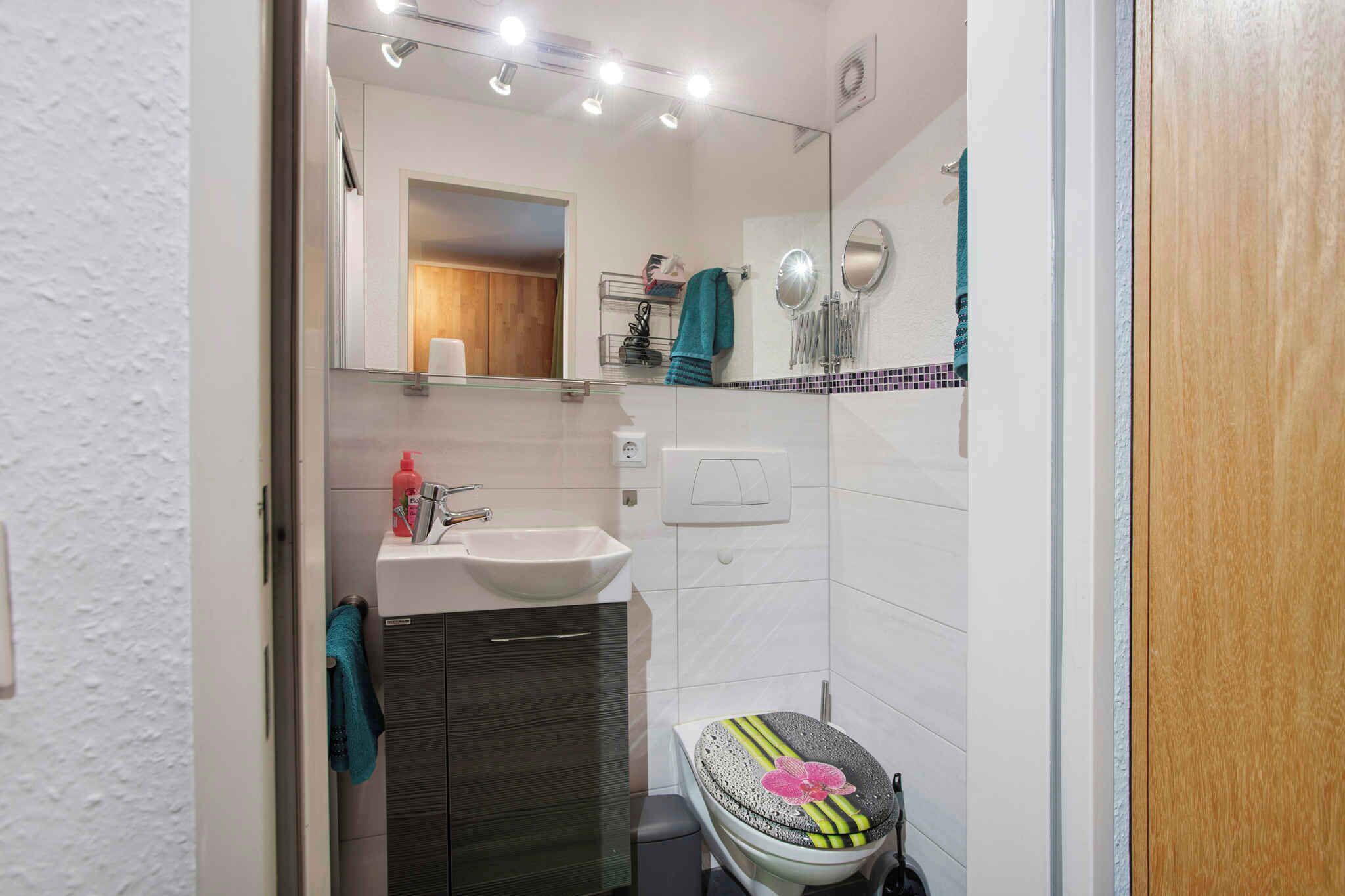 A compact bathroom with a white sink, a mirror, and a toilet.