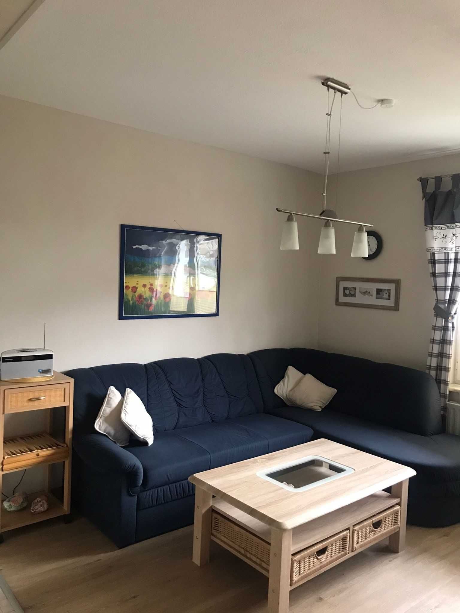 Ein Wohnzimmer mit einem dunkelblauen Sofa, einem Couchtisch aus Holz, einer Lampe und einem Bild an der Wand.