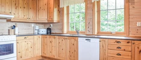 Fridge, stovetop, dishwasher, coffee/tea maker