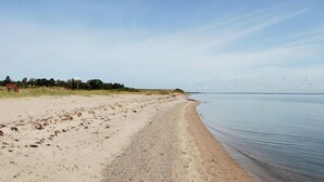 Ein sandiger Strand mit ruhiger See, einigen Bäumen und einer entfernten Küstenlinie.