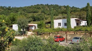 A hillside property with multiple white buildings, a red car, and a white car parked in front.