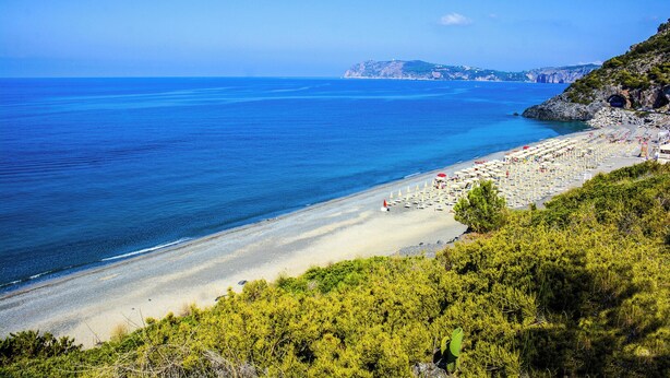 A coastal beach with clear blue waters, sandy shore, and lush greenery.