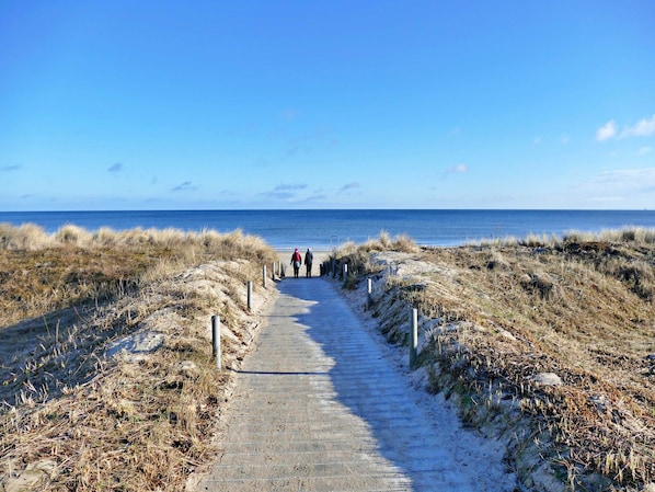 A coastal path leading to the sea with a clear sky.