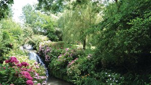A lush garden with a small waterfall, dense foliage, and flowering plants.