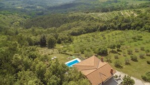 Ein Haus mit Ziegeldach, umgeben von üppiger Vegetation und einem Schwimmbad.