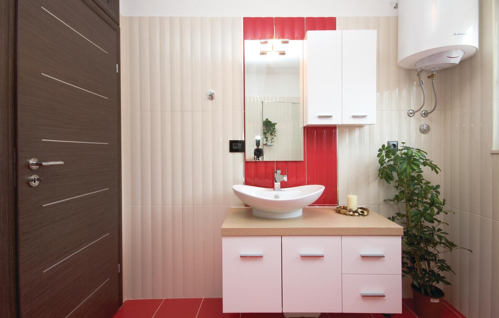A modern bathroom with a wooden door, a white sink with a red accent wall, a mirror, and a potted plant.