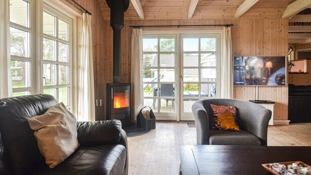 Ein gemütliches Wohnzimmer mit Kamin, Ledersofa und Fernseher.