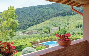 A balcony with a view of a vineyard, a swimming pool, and a terraced hillside. - Beautiful apartment in Buti (PI) (Buti (PI))