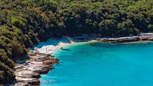 A coastal area with clear turquoise waters, rocky shorelines, and dense green forest. - 2 bedroom pet friendly home in Medulin (Medulin)