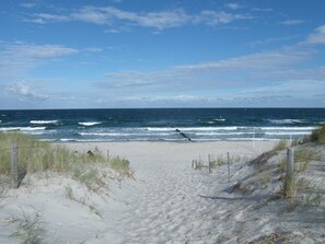 Une plage de sable bordée par les vagues de l’océan, une clôture en bois et une végétation clairsemée.