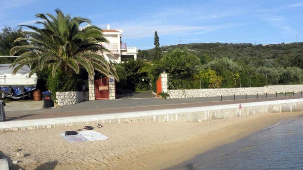 Une plage avec un mur de pierres, un palmier et un bâtiment doté d’un portail rouge.