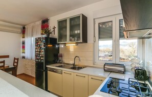 Fridge, stovetop, dishwasher, coffee/tea maker