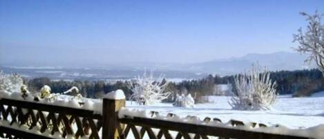 A snow-covered landscape with a wooden fence and a clear blue sky.