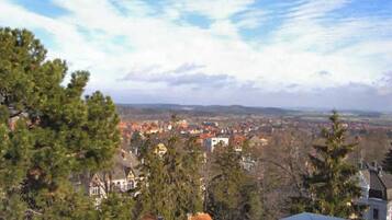 Ein weiter Panoramablick auf eine Stadt mit Gebäuden, Bäumen und blauem Himmel.