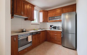 Fridge, stovetop, dishwasher, coffee/tea maker