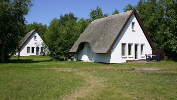 To hvide huse med stråtækte tage i en græsmark, omgivet af træer.