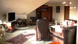 A living room with a television, leather chairs, a bookshelf, and a patterned rug. - Vacation apartment Will, Germany (Walkenried)
