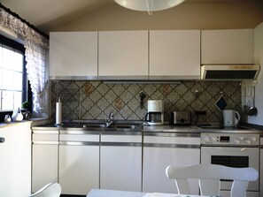 Fridge, microwave, oven, high chair