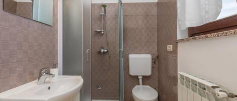 A modern bathroom with a glass-enclosed shower, a white sink, and a toilet.
