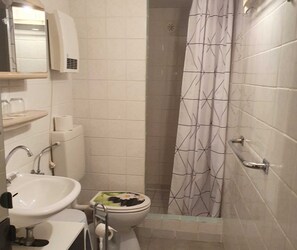 Regadera, toallas, papel de baño 