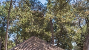 A rustic cabin with a tiled roof, a red door, and a small porch. There are two slides in the background, and a play structure with colorful blocks in the foreground. - Bungalow with outdoor pool (Umag)