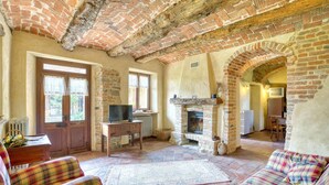 A rustic room with a fireplace, a television, and a sofa. - Awesome apartment in Aramengo AT (Aramengo AT)