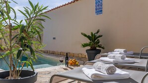A poolside area with lounge chairs, towels, a potted plant, a bottle of wine, and a bowl of fruit.