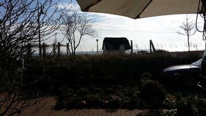 A covered outdoor area with a vehicle parked under a canopy, surrounded by vegetation and a distant view of a body of water. - Apartment Oystercatcher - beach house bay center (Scharbeutz)