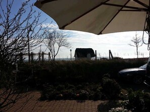 Un espacio al aire libre techado con un vehículo estacionado bajo una marquesina, rodeado de vegetación y una vista distante de una masa de agua.