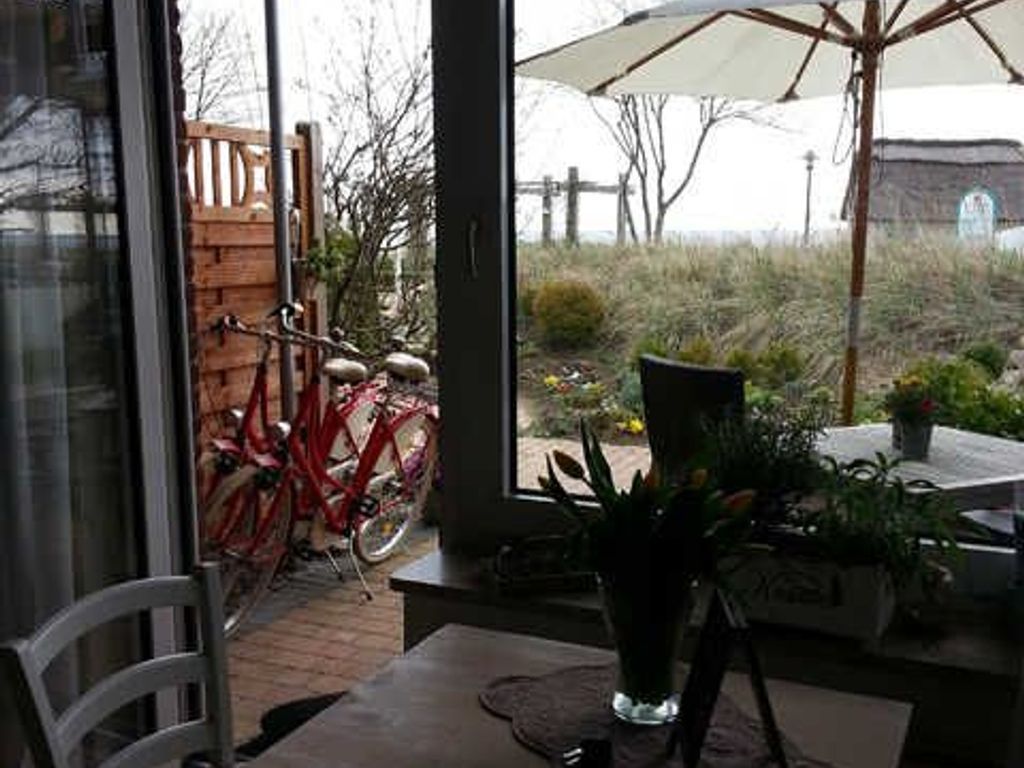 Un espace patio avec une table, des chaises, une plante en pot et un vélo.