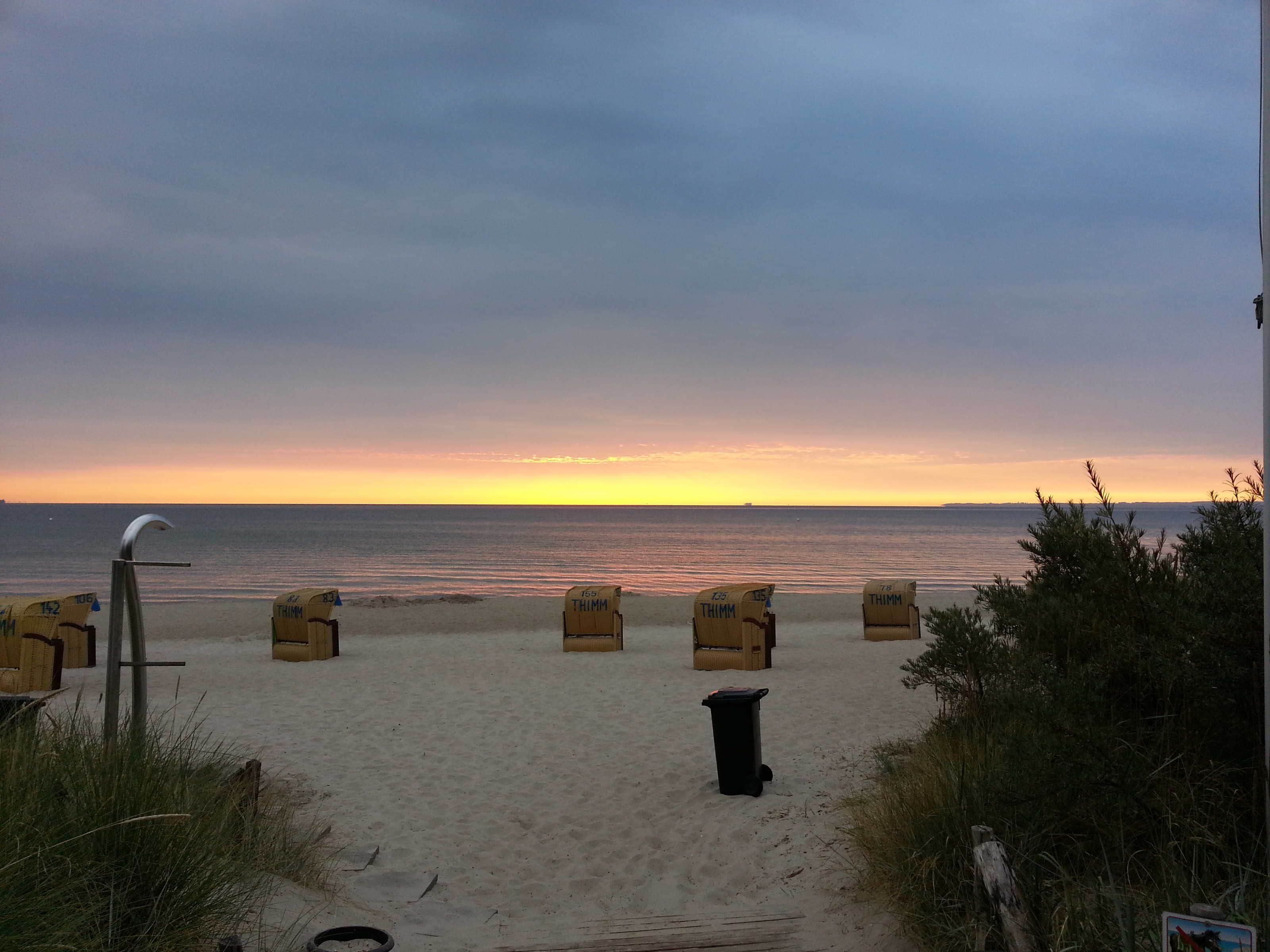 Une plage avec des chaises de plage numérotées et une poubelle.