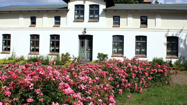 Un bâtiment blanc doté d’un toit plat, de nombreuses fenêtres et d’une entrée centrale.