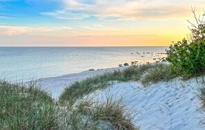 Een strand met duinen en een helder uitzicht op de oceaan.
