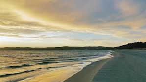 Une plage avec un rivage sablonneux et une mer calme.