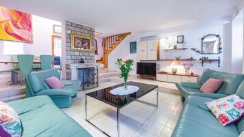 Télévision, cheminée, lecteur de DVD