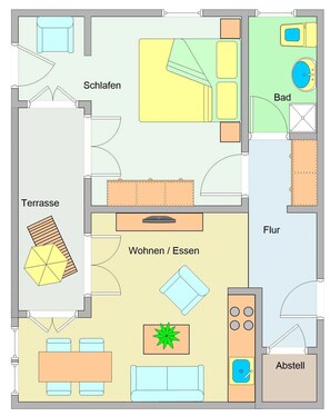 Ein Grundriss eines Hotels mit Wohnzimmer, Schlafzimmer, Bad und Terrasse.