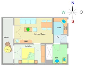 Un plan d’étage d’hôtel comprenant un balcon, un espace de vie, une cuisine, une salle de bain et une chambre.